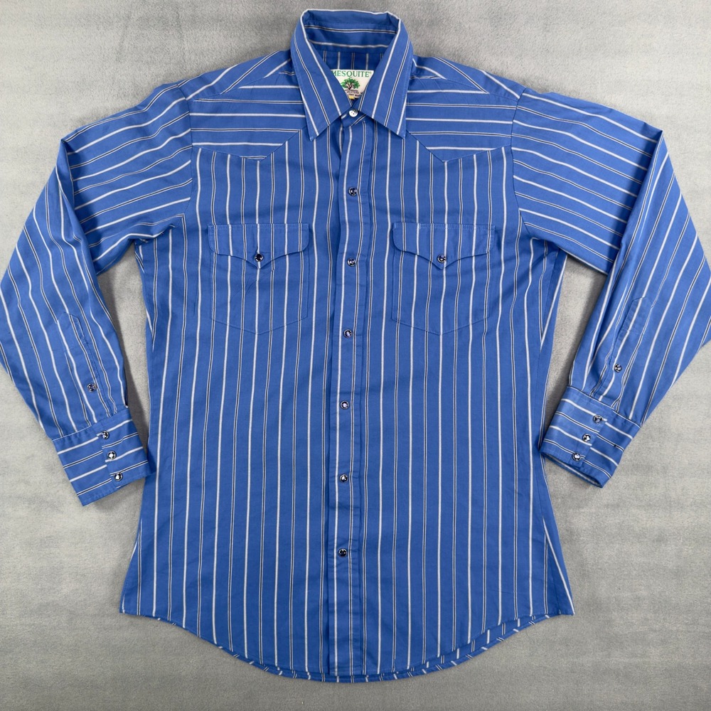Vtg Mesquite Niver Western‎ Wear Pearl Snap Shirt 15 33 Blue Stripe Made in USA